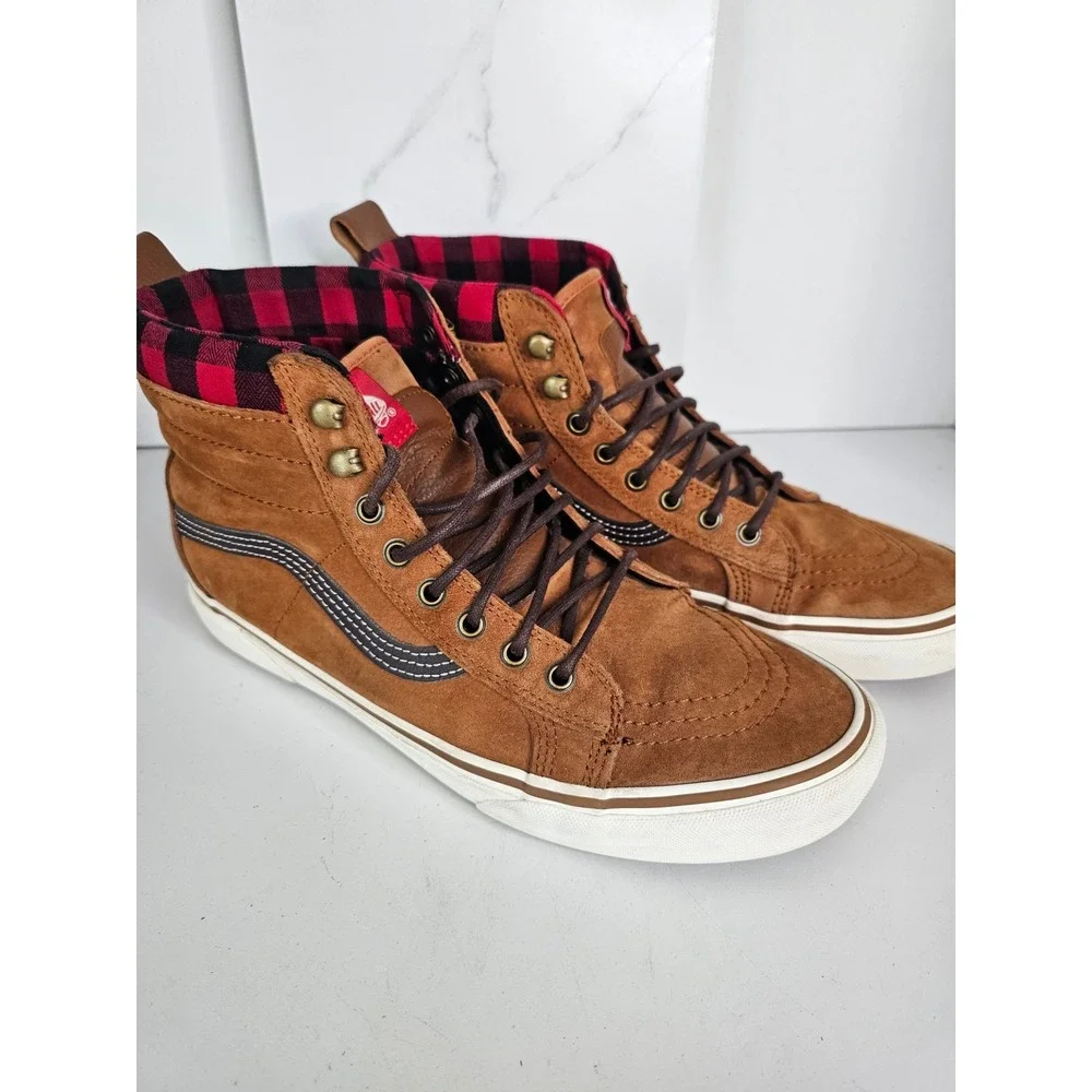 Vans Sk8-Hi MTE Glazed Ginger Brown Suede Plaid Flannel Mens 10.5 High Shoes